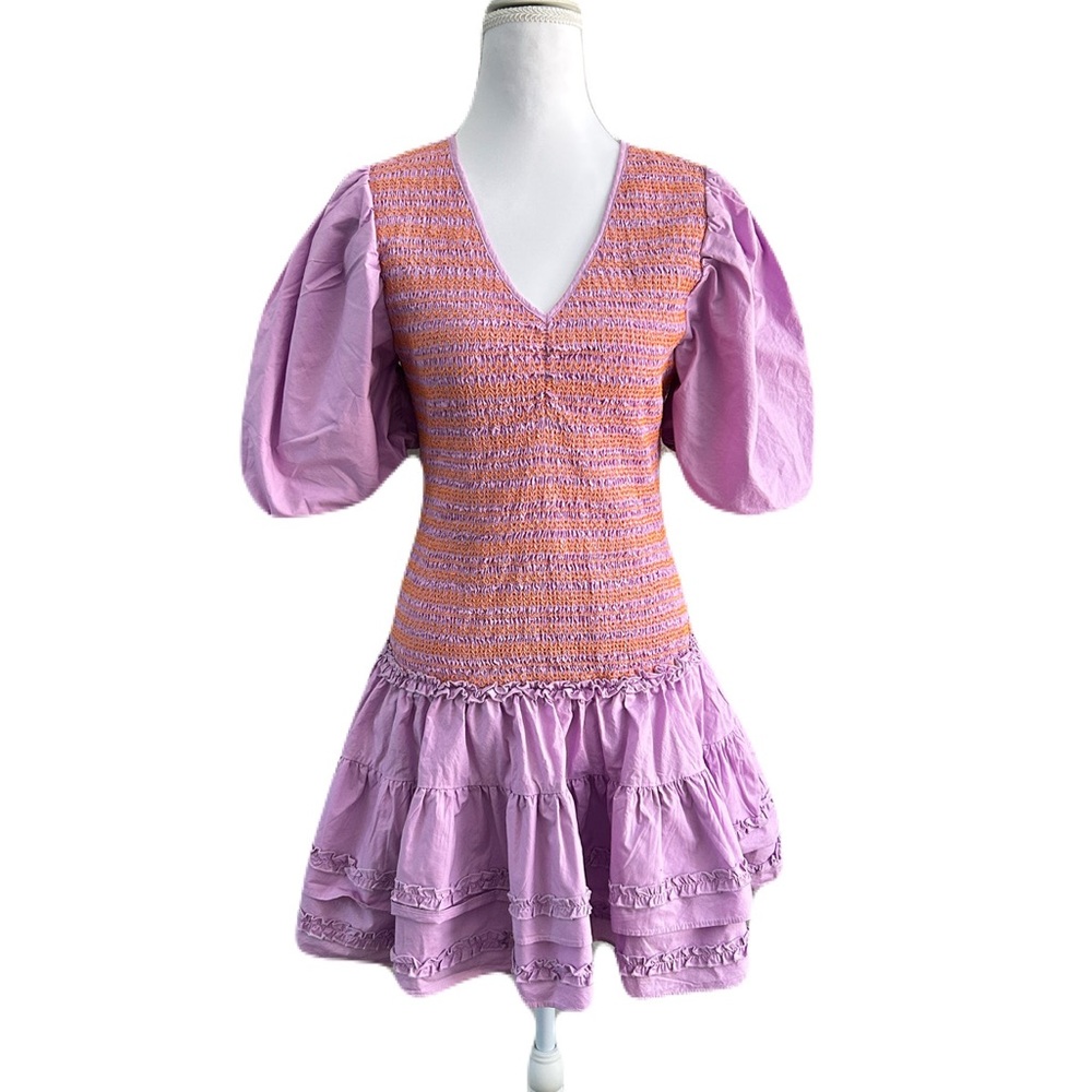 Karlie Poplin Contrast Stitch Smocked Dress Lavender Pink Medium